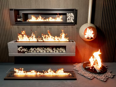 Modern Fireplace Designs With Flames In Different Styles And Stone Elements 3d model