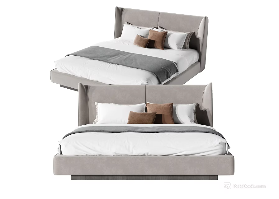 Modern Double Bed With Gray Upholstered Headboard White Bedding And Brown Pillows 3d model