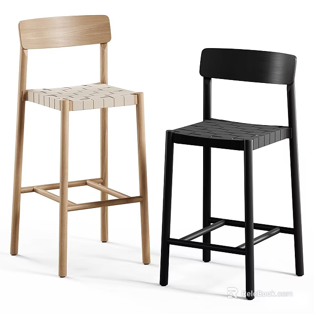 Modern Light Wood And Black Bar Stools With Woven Seat And Wooden Frame 3d model 