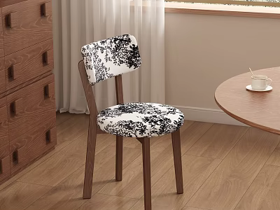 Stylish Dining Chair With Black White Floral Pattern And Wooden Legs In Cozy Room 3d model