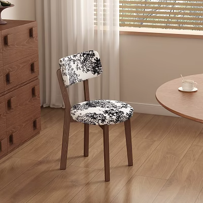 Stylish Dining Chair With Black White Floral Pattern And Wooden Legs In Cozy Room 3d model