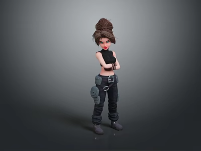 3D Game Movie Character With Brown Bun Hairstyle Black Sleeveless Top Cargo Pants Crossed Arms 3d model
