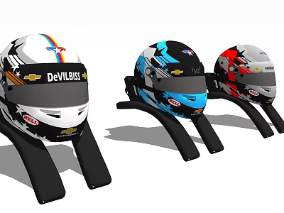 Three Racing Helmets With Various Colorful Designs Chevrolet Logos And Patterns 3d model