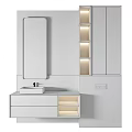 Modern Washbasin With Wooden Wall Gray Marble Countertop Mirror And Cabinet Drawers