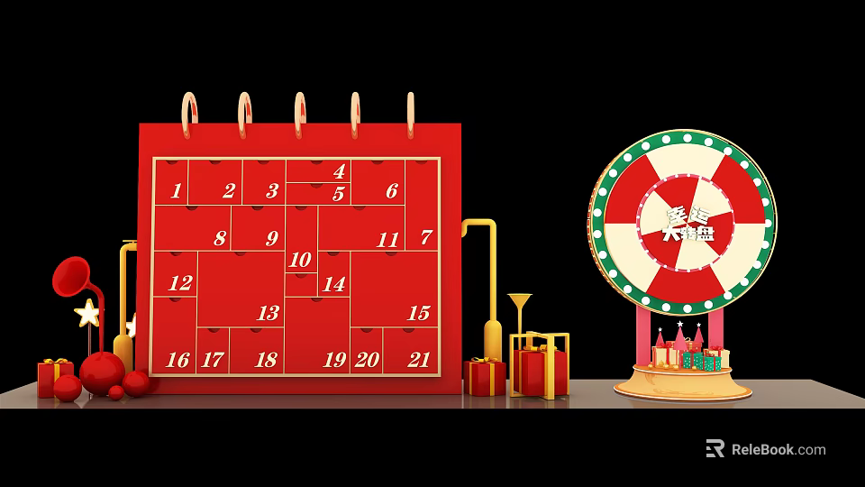 Red Advent Calendar With Numbered Dates And Prize Wheel With Gifts 3d model 