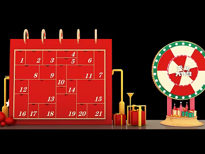 Red Advent Calendar With Numbered Dates And Prize Wheel With Gifts 3d model