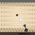 Dynamic Metallic Sculpture With Geometric Cubes On Black Base Against Light Wooden Grid Wall