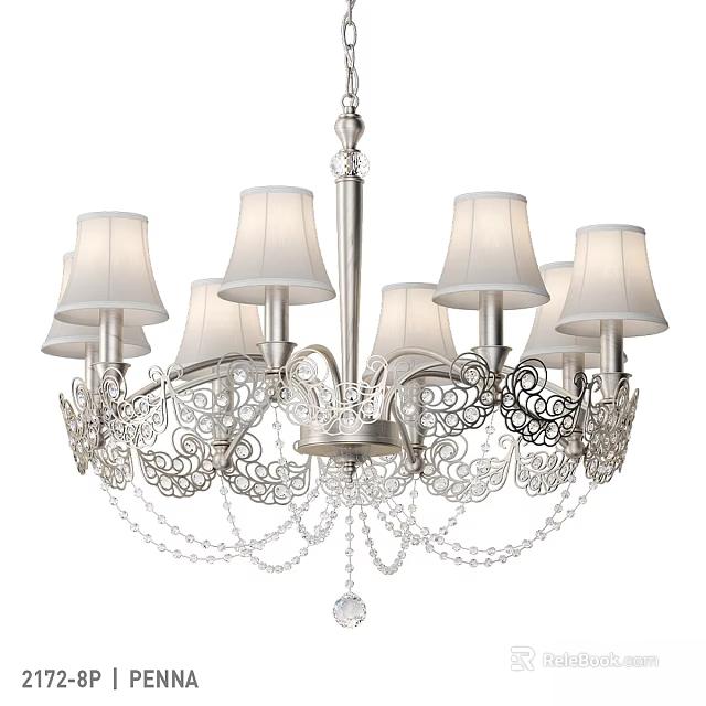 Luxury Crystal Chandelier With White Lampshades Metal Carved Arms And Hanging Crystal Chains 3d model 