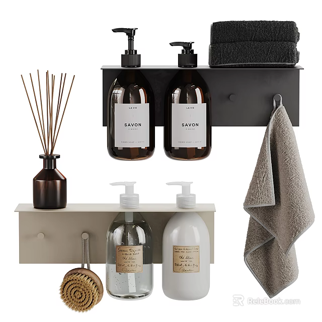 Modern Bathroom Accessories Set With Bottles Towel Diffuser And Sponge 3d model 