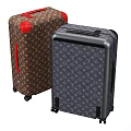 Gray and Brown Suitcase with Monogram Pattern Gold Red Accents and Wheels Design