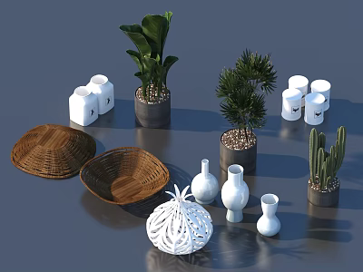 Stylish Household Items Including Green Plants Planters Woven Baskets White Vases And Candles 3d model