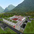Industrial Factory With Red And White Exterior In Mountainous Green Landscape