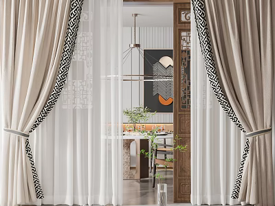 Beige Curtains with Black Geometric Patterns and Sheer Panels for Modern Home Interior 3d model