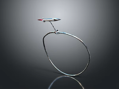 Silver Rocket Model On Curved Metal Ring Decorative Piece With Red Tip And Reflection 3d model