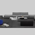 Modern Sofa And Coffee Table Set With Blue Beige Ottoman Metallic Table And Magazines