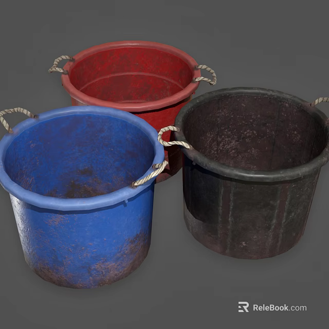 Three Worn Buckets In Blue Red Black With Rope Handles And Textured Surfaces 3d model 