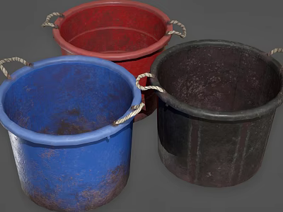 Three Worn Buckets In Blue Red Black With Rope Handles And Textured Surfaces 3d model
