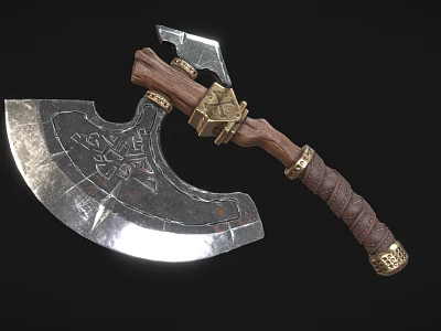 Medieval Battle Axe With Engraved Metal Head Wooden Handle And Golden Accents 3d model