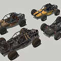 Four Off Road Buggies With Exposed Frames Large Tires And Various Colors
