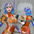 Game Movie Character With Colorful Hair White Horns And Orange Gold Decorated Armor Holding Long Weapon
