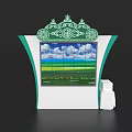 Decorative Exhibition Island with Green Ornate Top and Large Screen Displaying Blue Sky Green Field