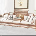 Traditional Chinese Wooden Daybed With Carved Patterns Multiple Pillows And Tea Table