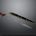 Vintage Long Sword With Red Handle And Black Gold Decorated Scabbard