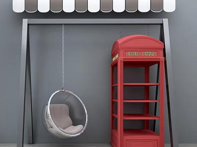 Public Facilities Featuring Red Telephone Booth With Coco Pizza Sign And Hanging Swing Chair 3d model