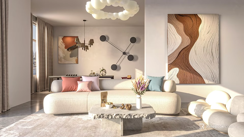Modern Living and Dining Room with Beige Sofa Cushions Stone Coffee Table Cloud Chandelier 3d model 