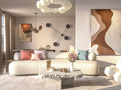 Modern Living and Dining Room with Beige Sofa Cushions Stone Coffee Table Cloud Chandelier 3d model