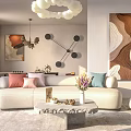Modern Living and Dining Room with Beige Sofa Cushions Stone Coffee Table Cloud Chandelier
