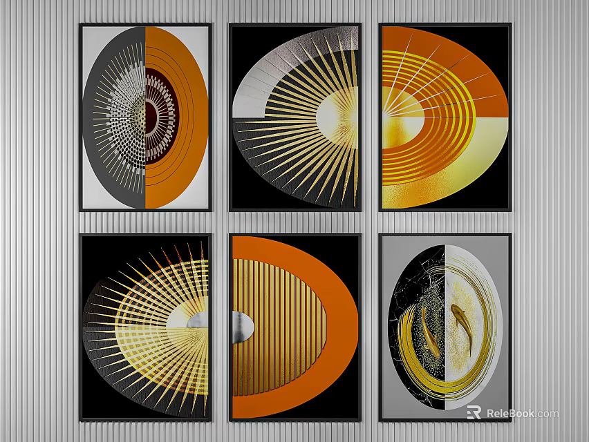 Abstract Wall Art Six Panel Set With Geometric Patterns Orange Gold Black Gray 3d model