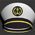 White Sailor Cap With Yellow Anchor Laurel Wreath Emblem And Gray Stripes