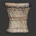 Handcrafted Woven Stool With Blue And Beige Patterned Top In Cylindrical Shape
