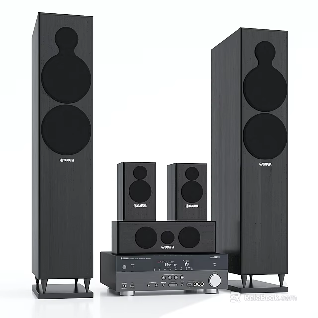 Modern Home Theater Speaker System With Tall Floor Speakers Surround Speakers Subwoofer And AV Receiver 3d model 