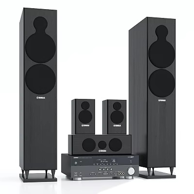 Modern Home Theater Speaker System With Tall Floor Speakers Surround Speakers Subwoofer And AV Receiver 3d model