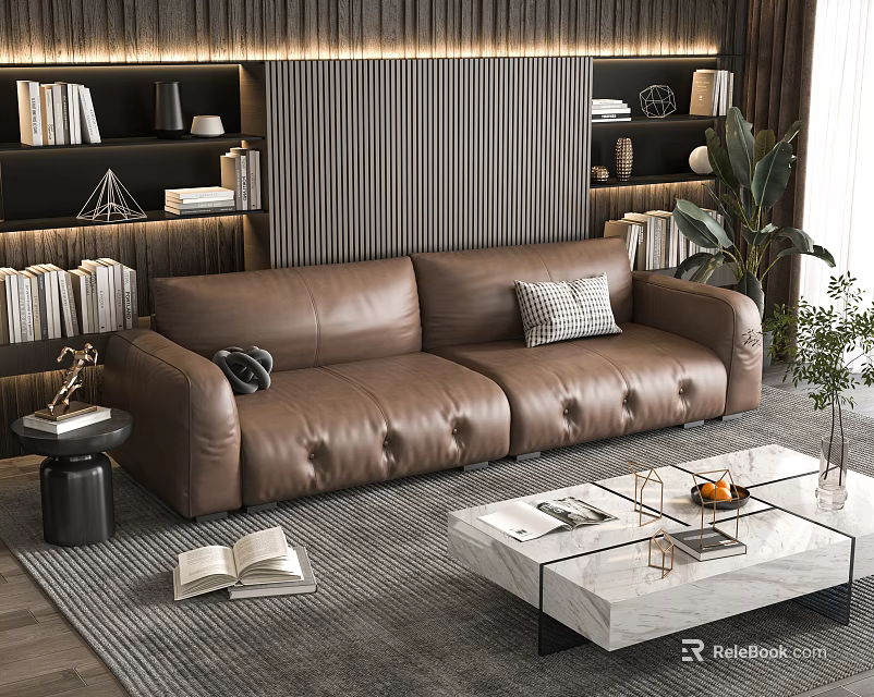 Brown Leather Two Seater Sofa Modern Living Room Interior With Bookshelves Plants And Coffee Table 3d model 