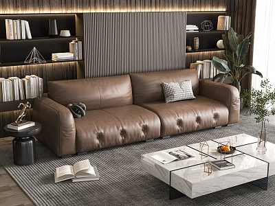 Brown Leather Two Seater Sofa Modern Living Room Interior With Bookshelves Plants And Coffee Table 3d model