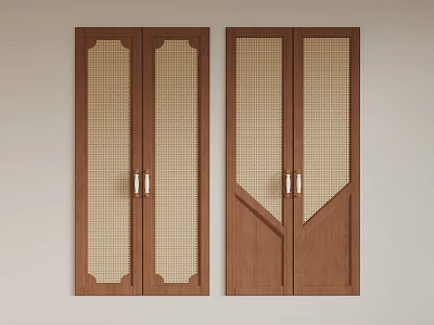 Two Brown Wooden Doors With Grid Panels And Decorative Wooden Frames 3d model