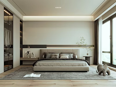 Modern Bedroom Interior Design With Comfortable Bed Nightstand Area Rug Built-in Wardrobe And Natural Light 3d model