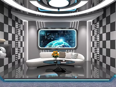 Futuristic Interior With Black White Checkered Walls Large Earth Screen White Sofa Round Table Flowers 3d model