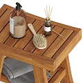 Wooden Stool With Wash Bottle Brush Towels Toilet Paper Rolls And Slippers For Daily Washing