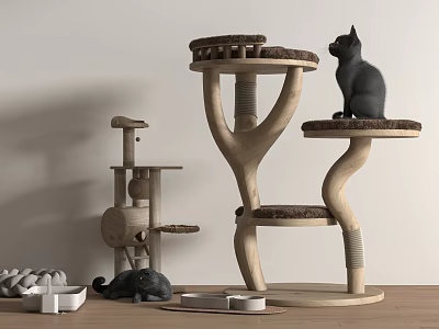 Wooden Multi Level Cat Tree With Platforms And Black Cat Pet Furniture For Cats 3d model
