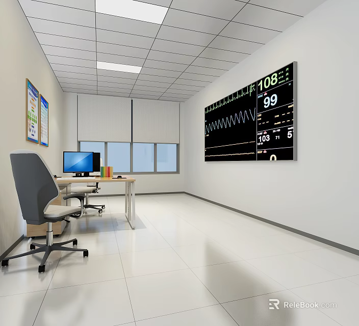 White Interior Monitoring Room With Large Data Display Screen Computer And Office Chair 3d model 