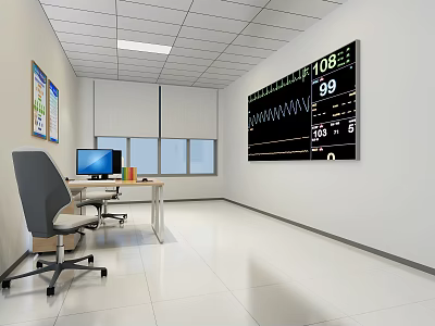 White Interior Monitoring Room With Large Data Display Screen Computer And Office Chair 3d model