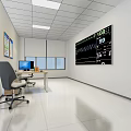 White Interior Monitoring Room With Large Data Display Screen Computer And Office Chair