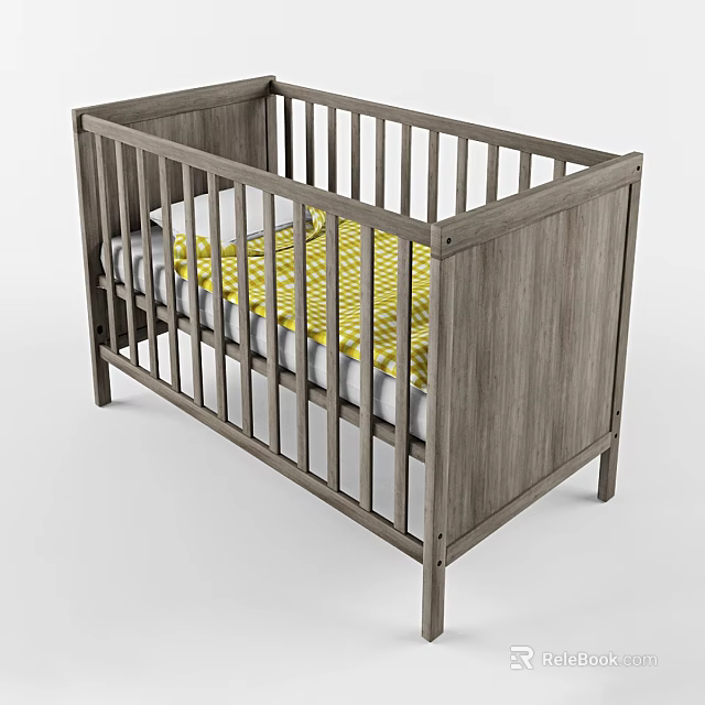 Simple Modern Wooden Kids Bed With Guardrails Mattress And Yellow Checkered Blanket 3d model 