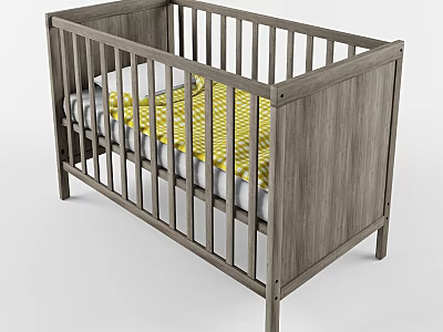 Simple Modern Wooden Kids Bed With Guardrails Mattress And Yellow Checkered Blanket 3d model