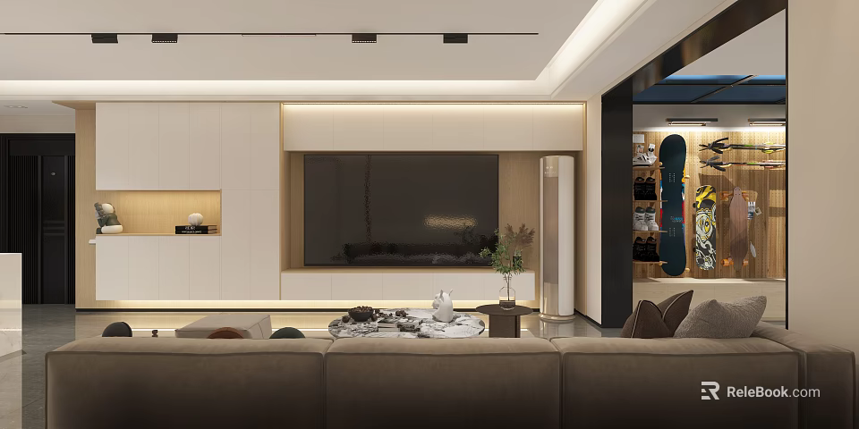 Modern Living Dining Room Interior Design With Sofa TV Wall Coffee Table And Green Plant 3d model