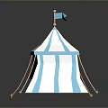 Blue And White Striped Tent Furniture With Flag On Top And Ropes At Bottom
